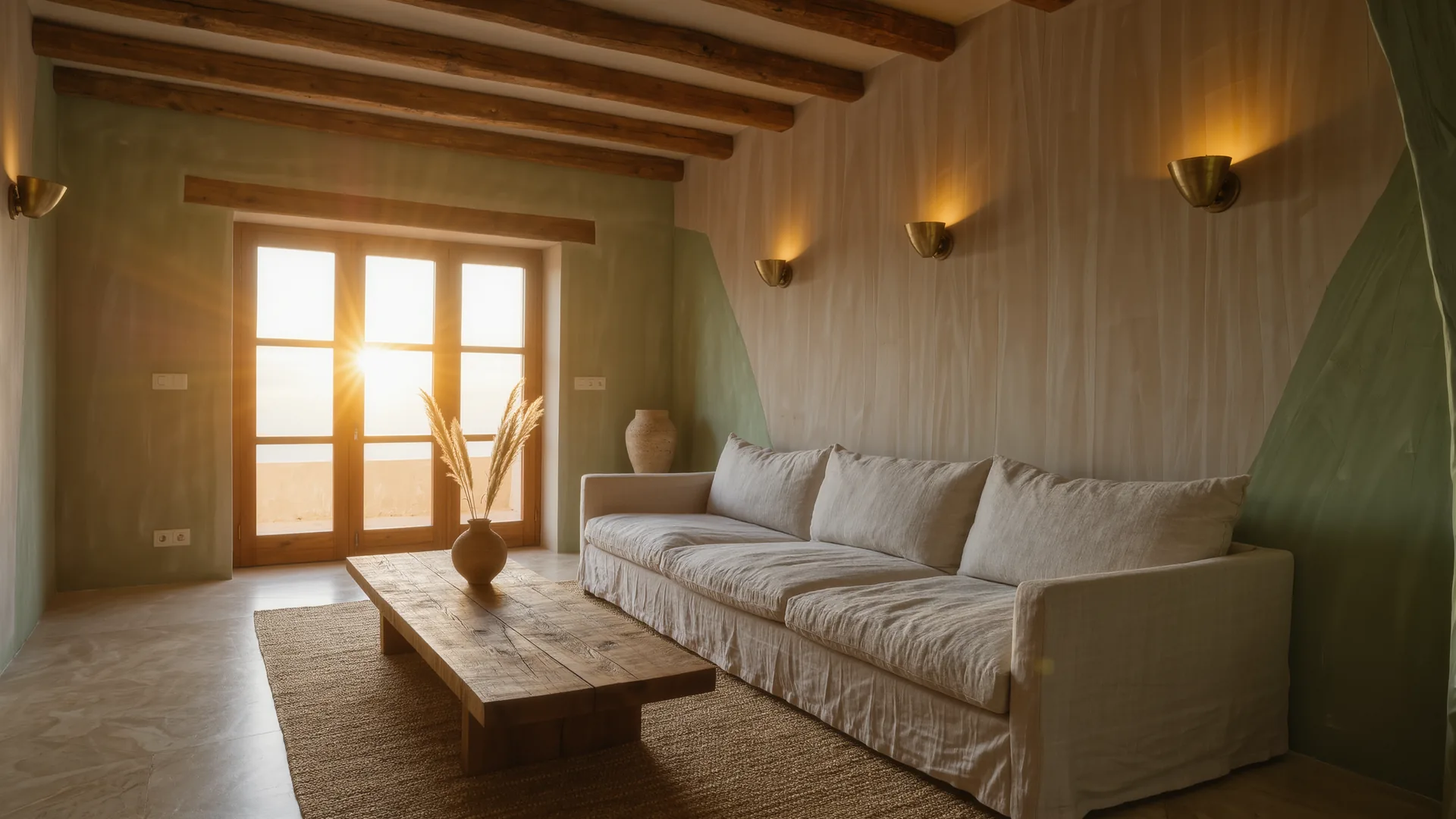 Salón mediterráneo con paredes de cal, sofá de lino y vigas de roble
