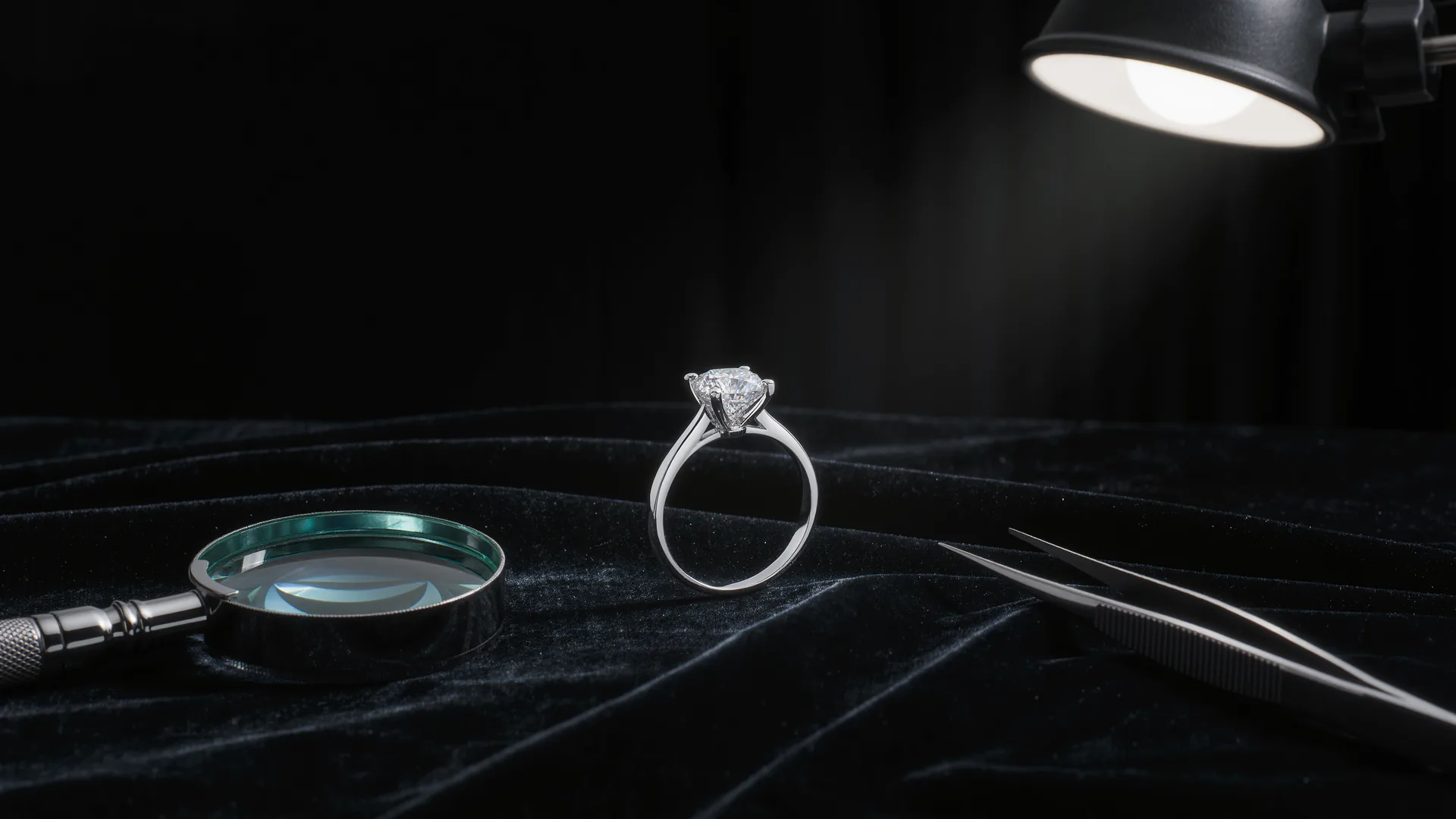 Anillo de diamantes sobre terciopelo negro bajo la lámpara del joyero, con lupa y pinzas