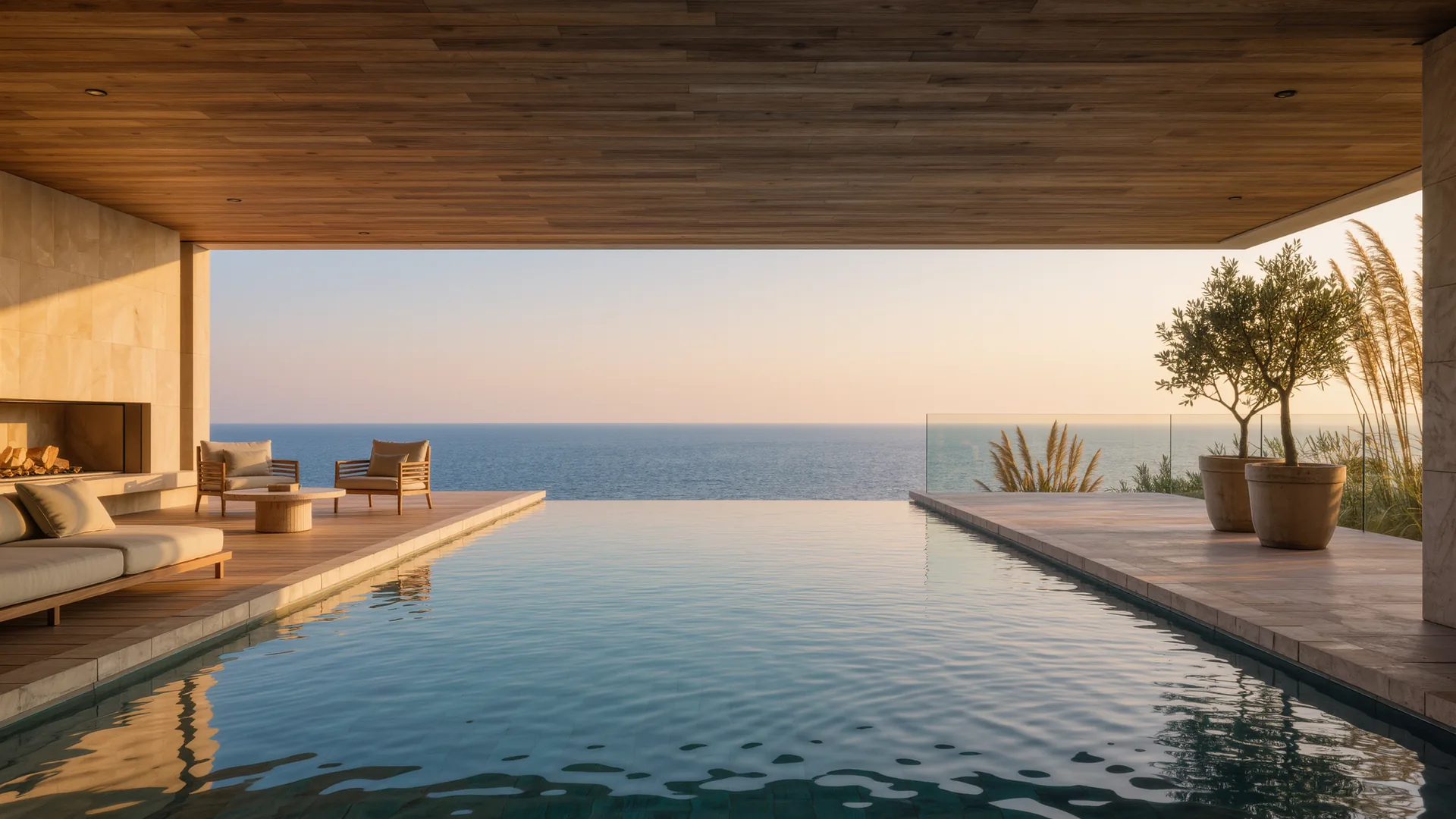 Terraza de villa moderna con piscina infinita sobre el Mediterráneo al anochecer
