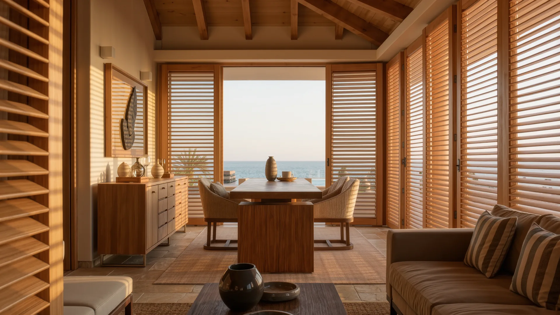 Consulta privada luminosa con escritorio de madera y contraventanas