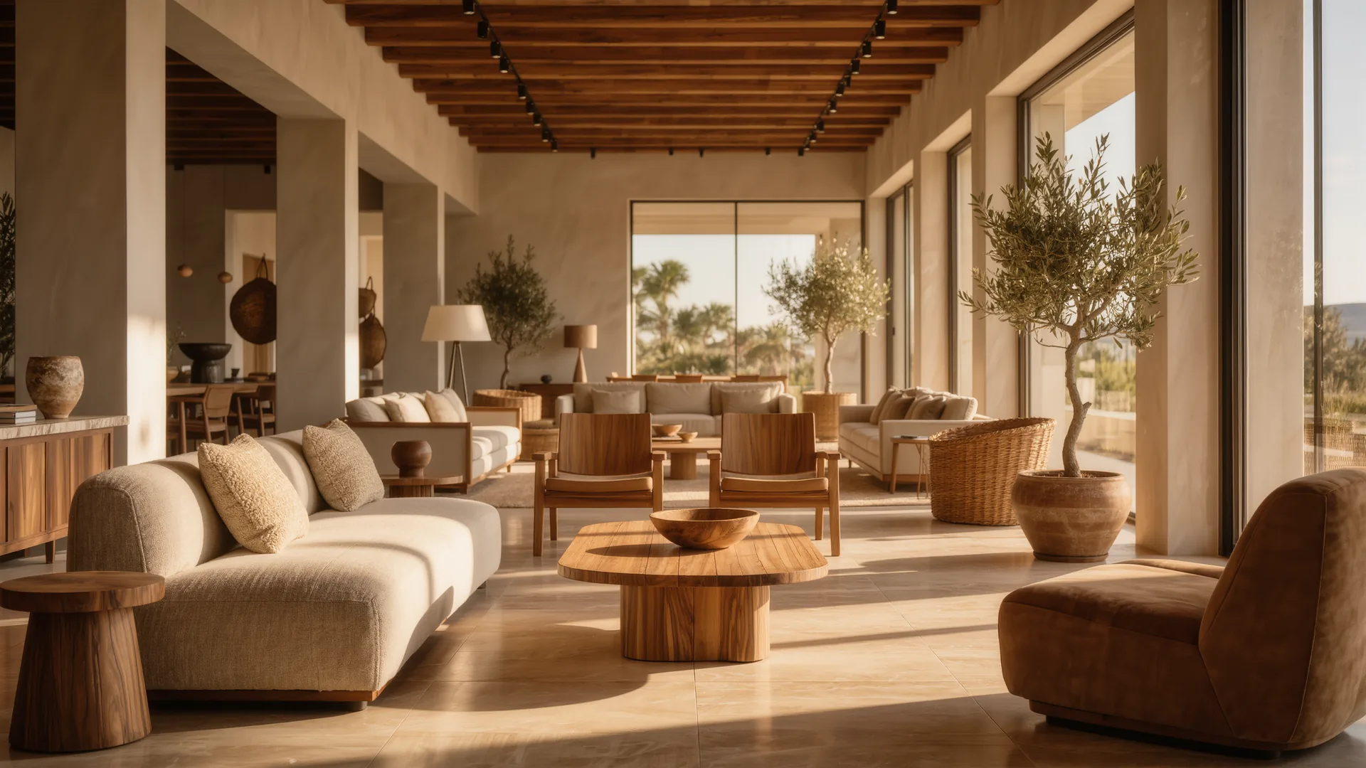Showroom de mobiliario de diseño en tonos naturales con techo alto