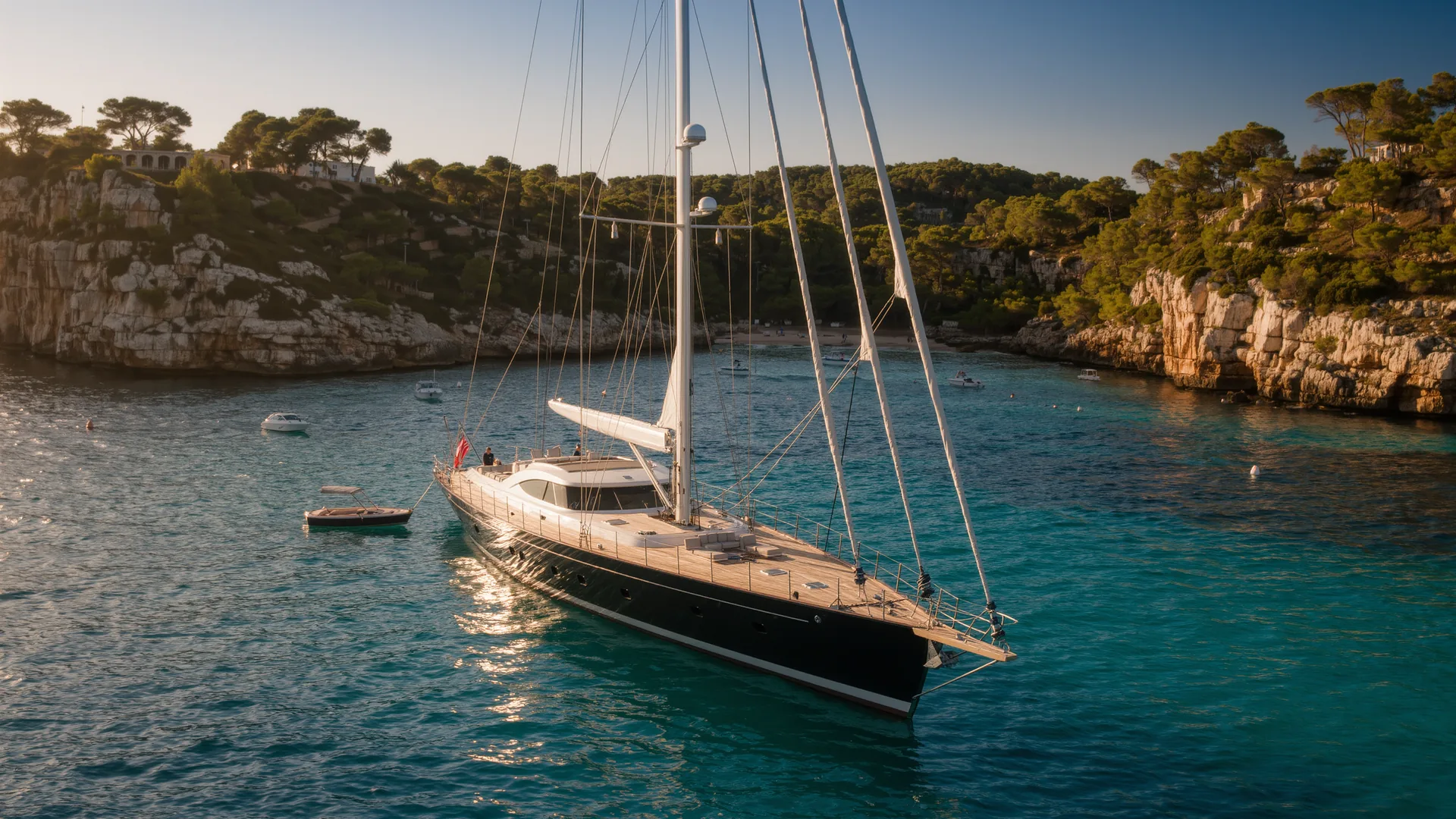 Velero fondeado en una cala turquesa de Mallorca al atardecer