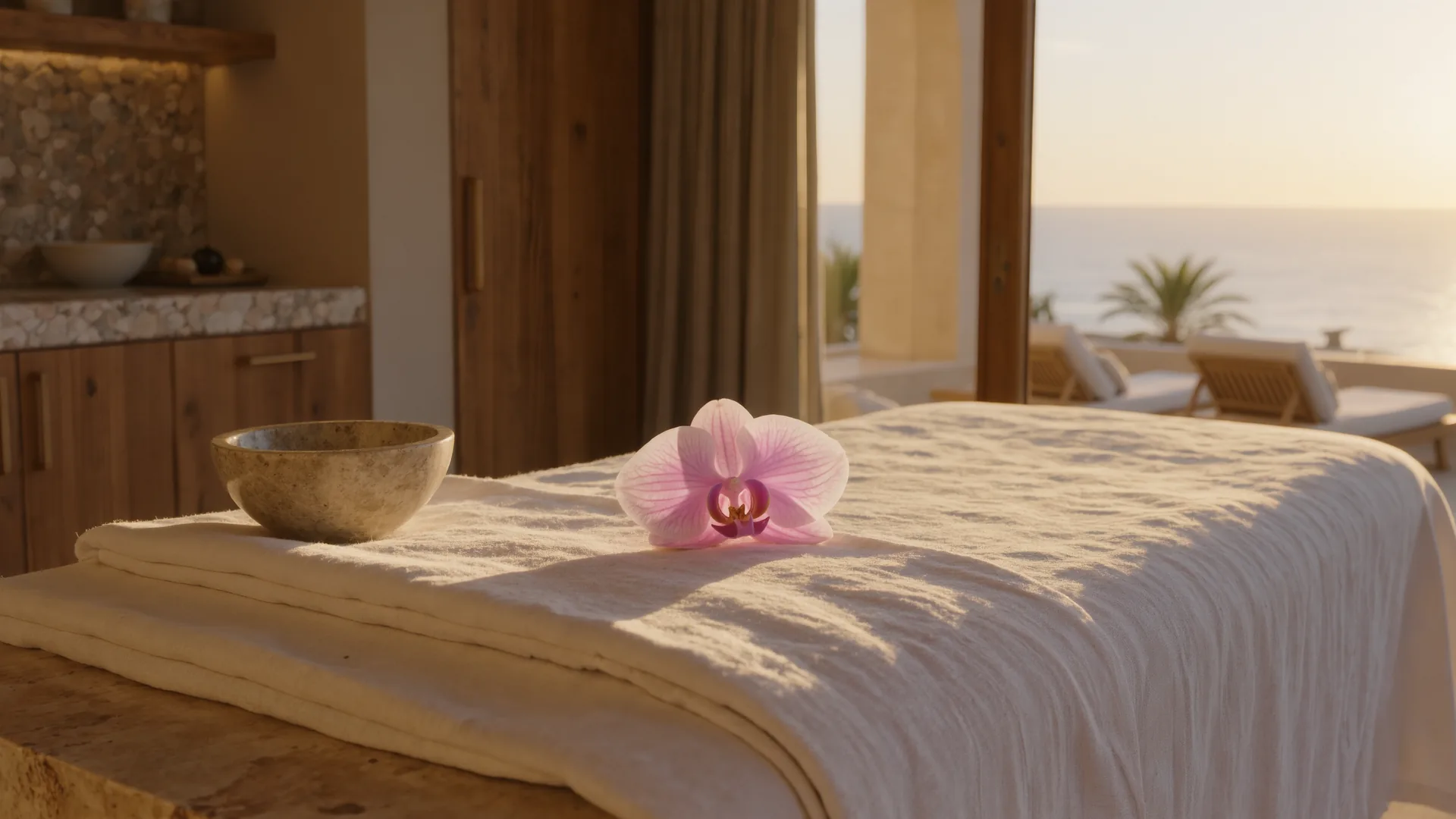 Cabina de tratamiento serena con lino blanco, cuenco de piedra y una orquídea