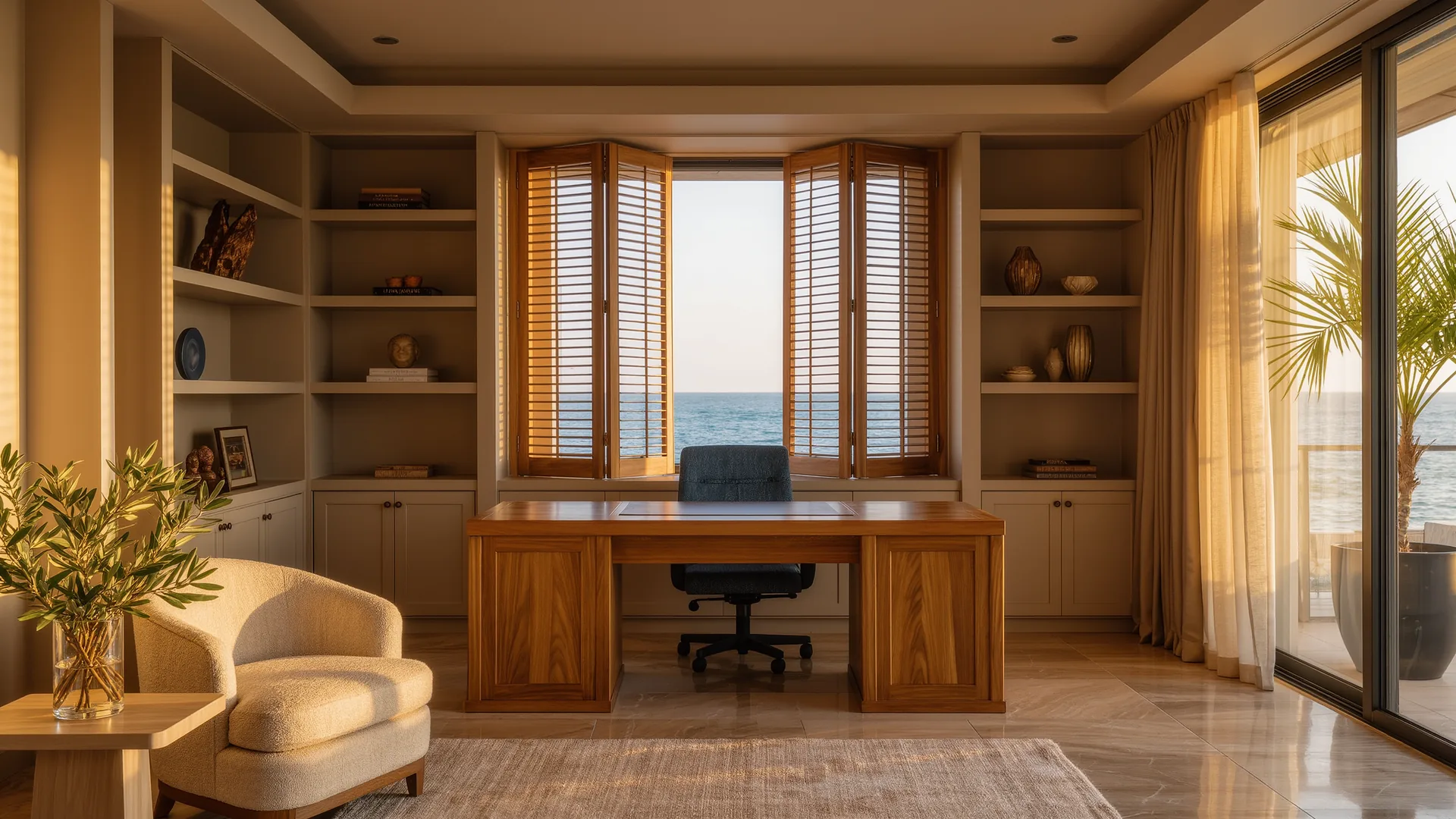 Consulta privada luminosa con escritorio de madera y contraventanas