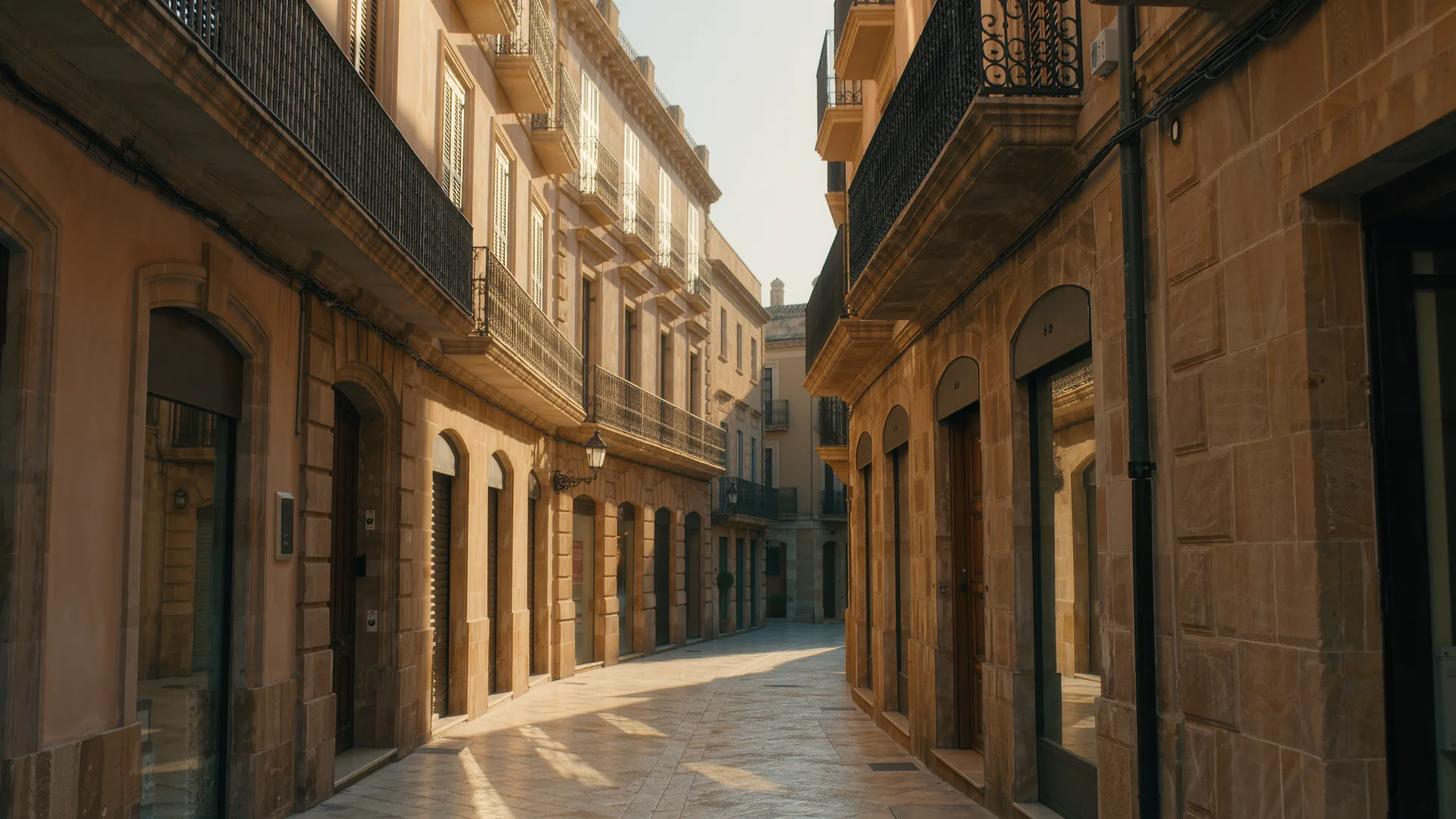 Calle del casco antiguo de Palma con fachadas de arenisca y balcones de forja