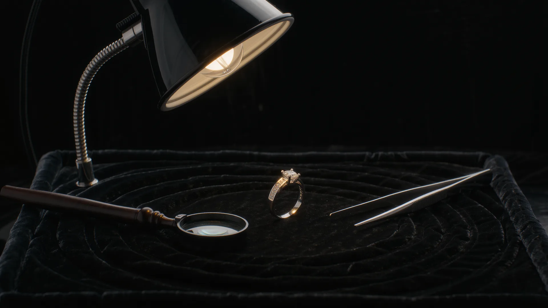 Anillo de diamantes sobre terciopelo negro bajo la lámpara del joyero, con lupa y pinzas