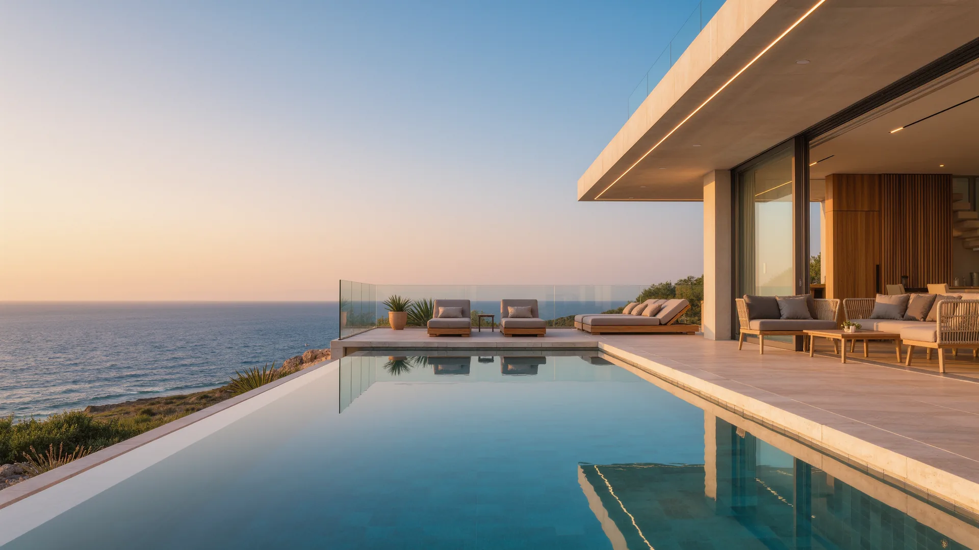 Terraza de villa moderna con piscina infinita sobre el Mediterráneo al anochecer