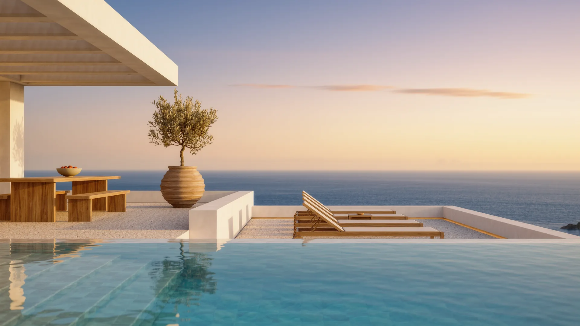 Terraza de villa moderna con piscina infinita sobre el Mediterráneo al anochecer